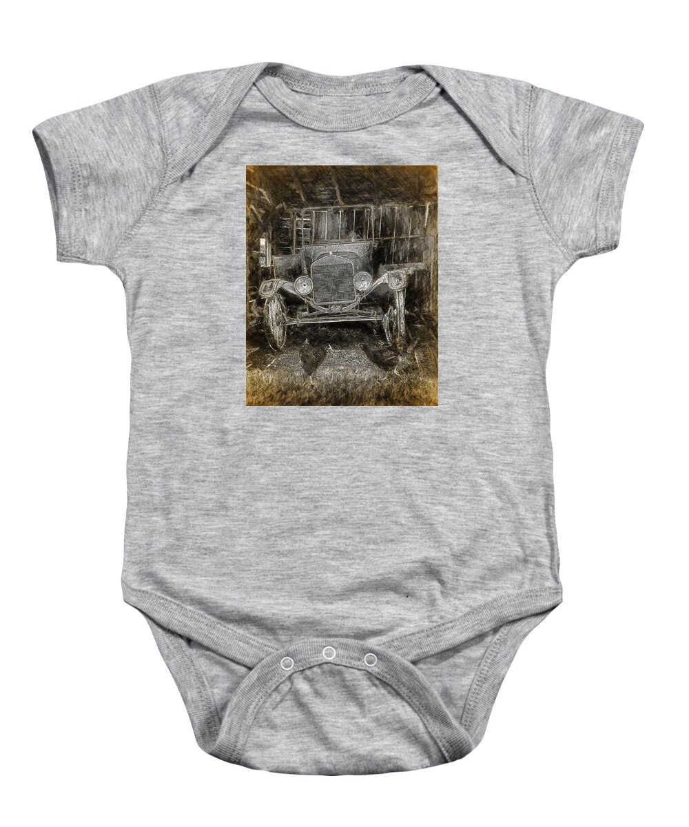 Art Baby Onesie featuring the photograph Vintage Auto Neglected in a Barn by Randall Nyhof