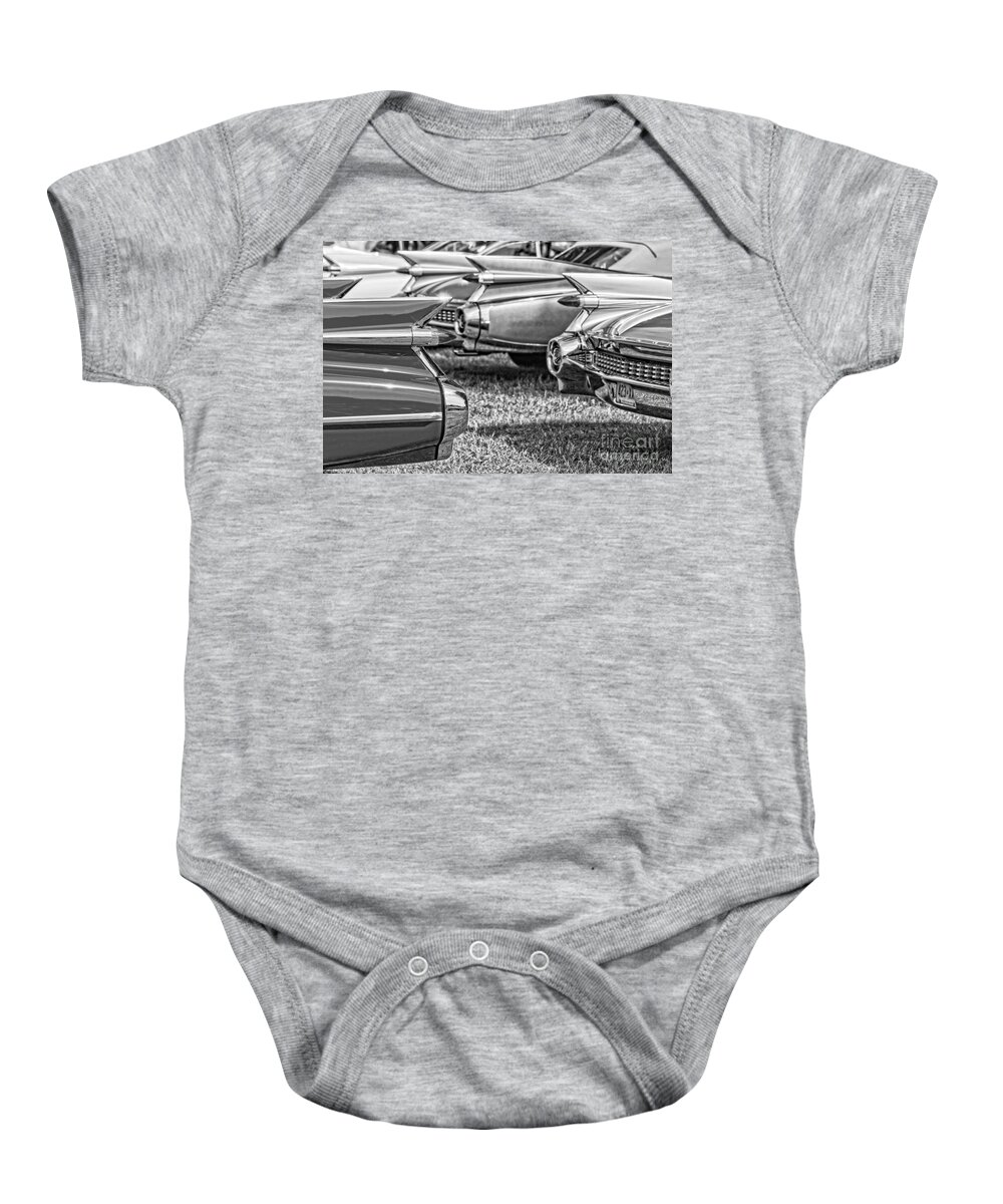 More From Edward Fielding Baby Onesie featuring the photograph Vintage Cadillac Caddy Fin Party Black and White by Edward Fielding