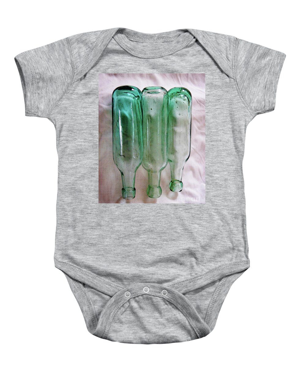 Old Bottles Baby Onesie featuring the glass art Vintage Glass Bottle One by Phil Perkins