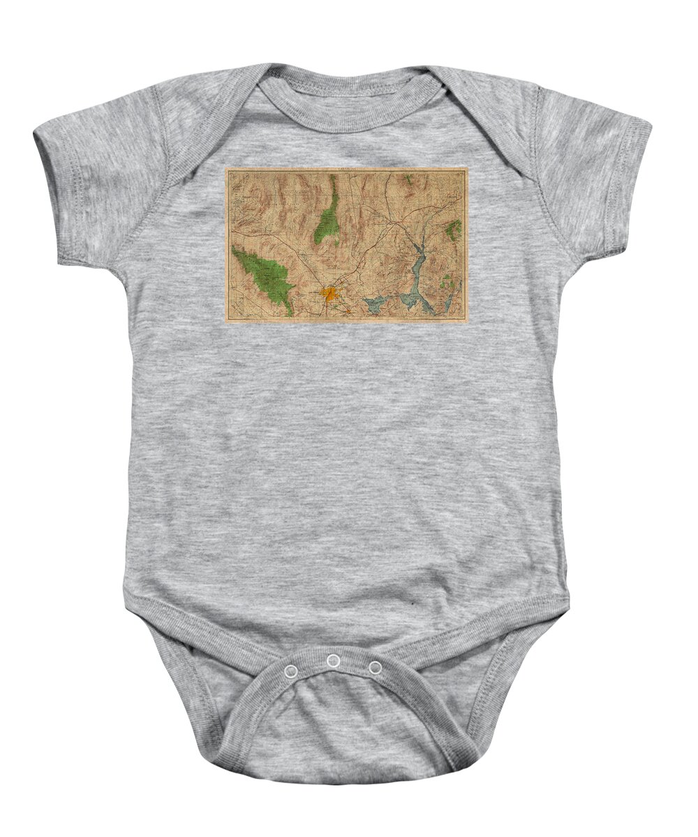 Vintage Baby Onesie featuring the mixed media Vintage Map of Las Vegas Nevada 1969 Aerial View Topography on Distressed Worn Canvas by Design Turnpike
