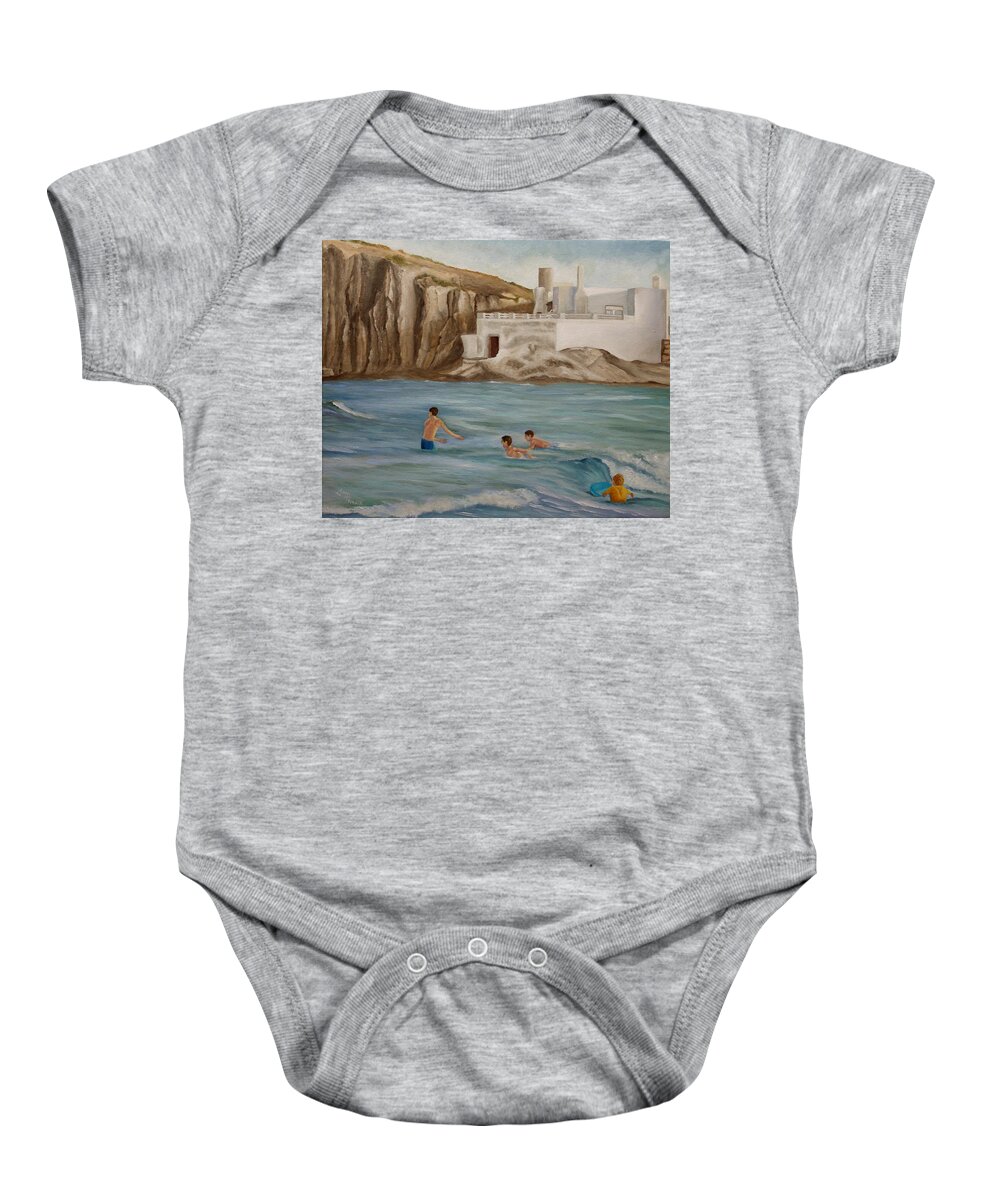 Waves Baby Onesie featuring the painting Waiting For The Waves by Angeles M Pomata