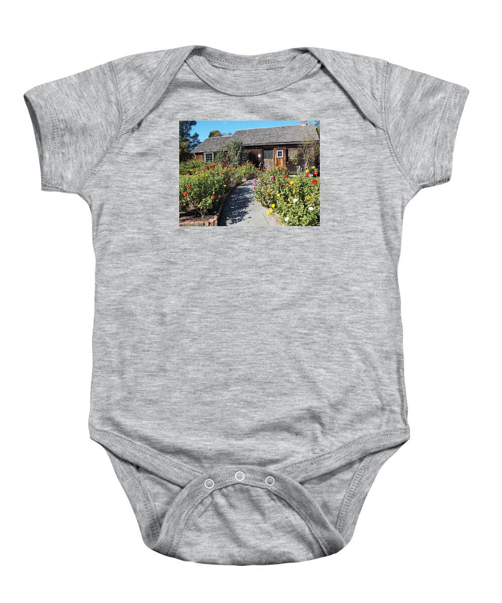 Owl Cottage Baby Onesie featuring the photograph Walk among the Zinnias by Catherine Gagne