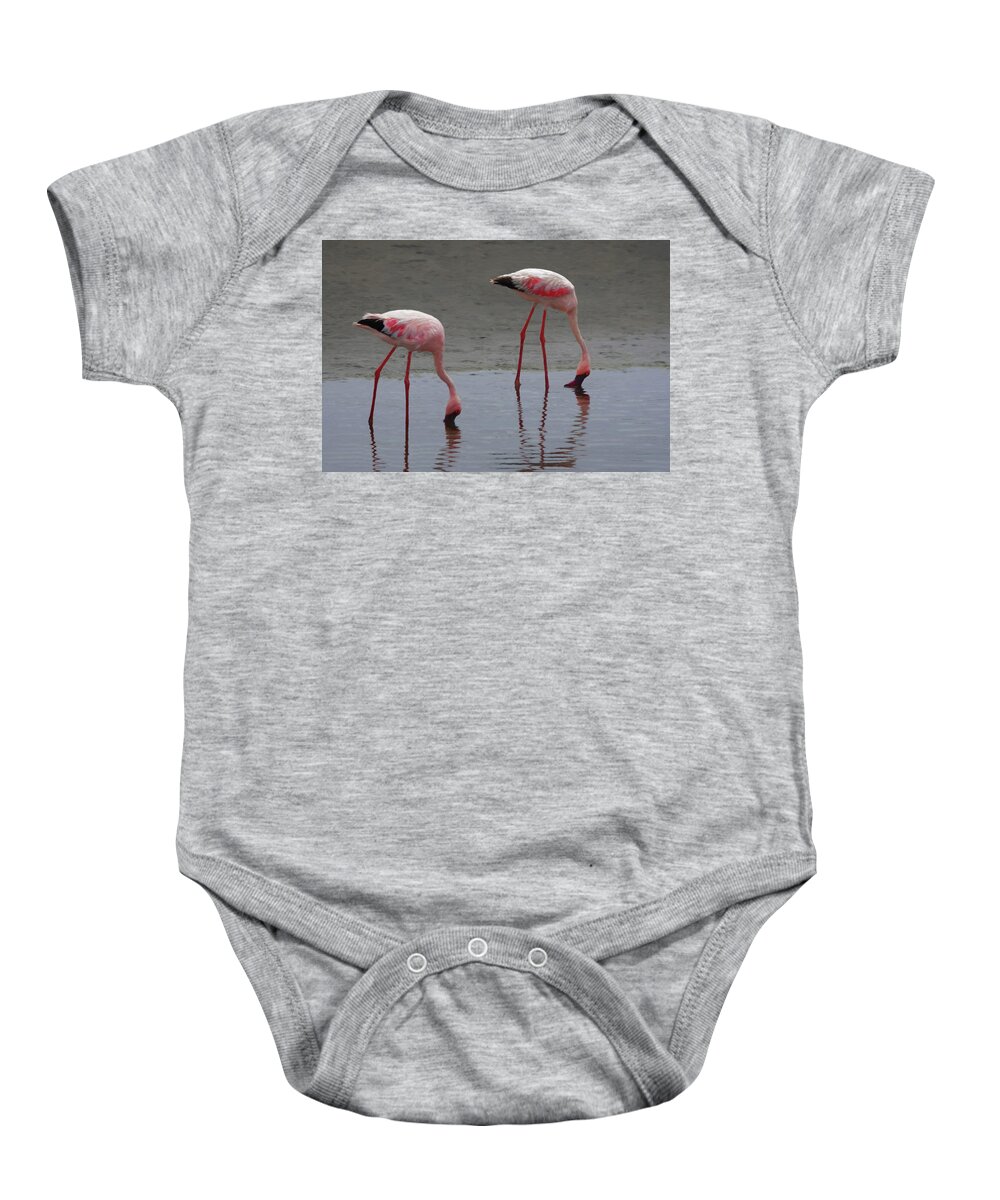 Namibia Baby Onesie featuring the digital art Walvis Bay Flamingos by Ernest Echols