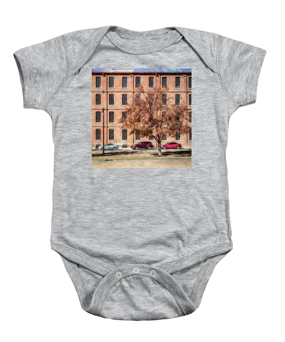 Durham Baby Onesie featuring the photograph Warehouse with Tree by Wade Brooks