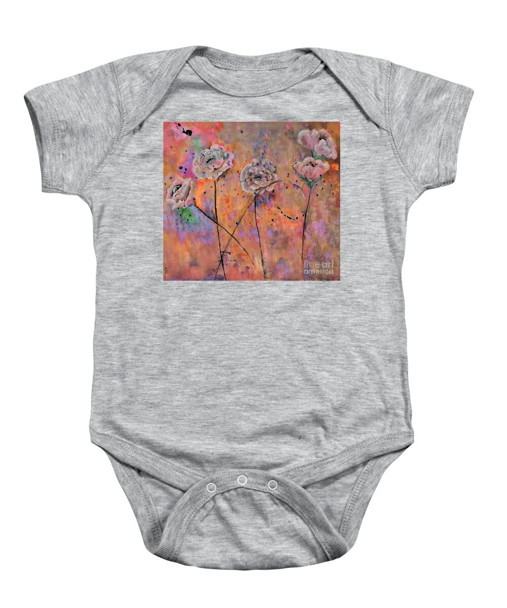 Warm Baby Onesie featuring the painting Warm Taupe Floral Painting by Lisa Kaiser