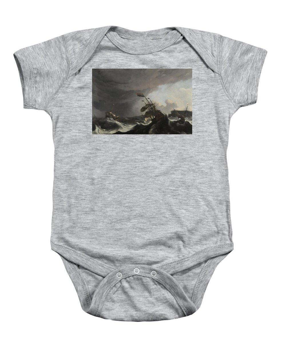Warships In A Heavy Storm Baby Onesie featuring the painting Warships in a Heavy Storm Ludolf Bakhuysen c 1695 by Vintage Collectables