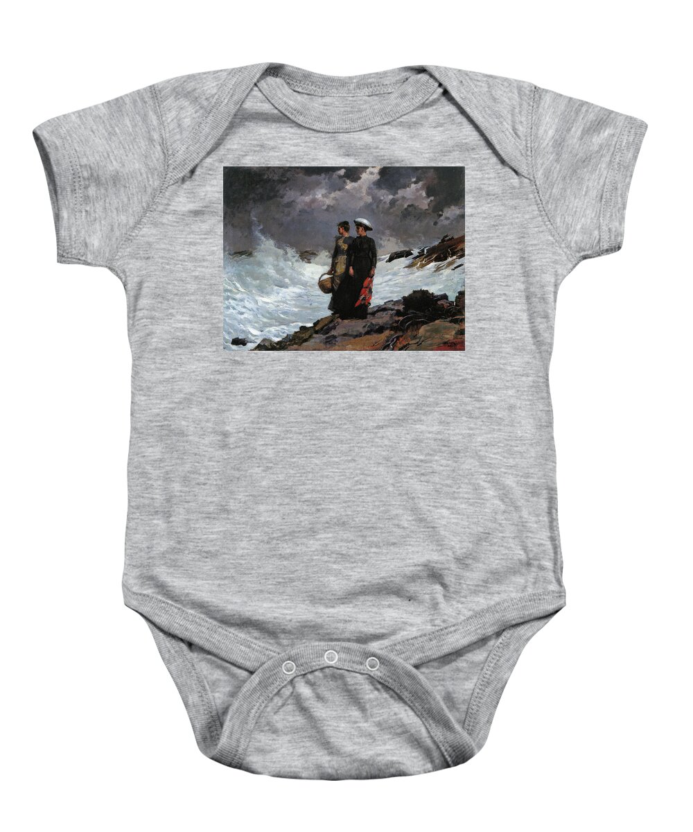 Winslow Homer Baby Onesie featuring the painting Watching the Breakers by Winslow Homer