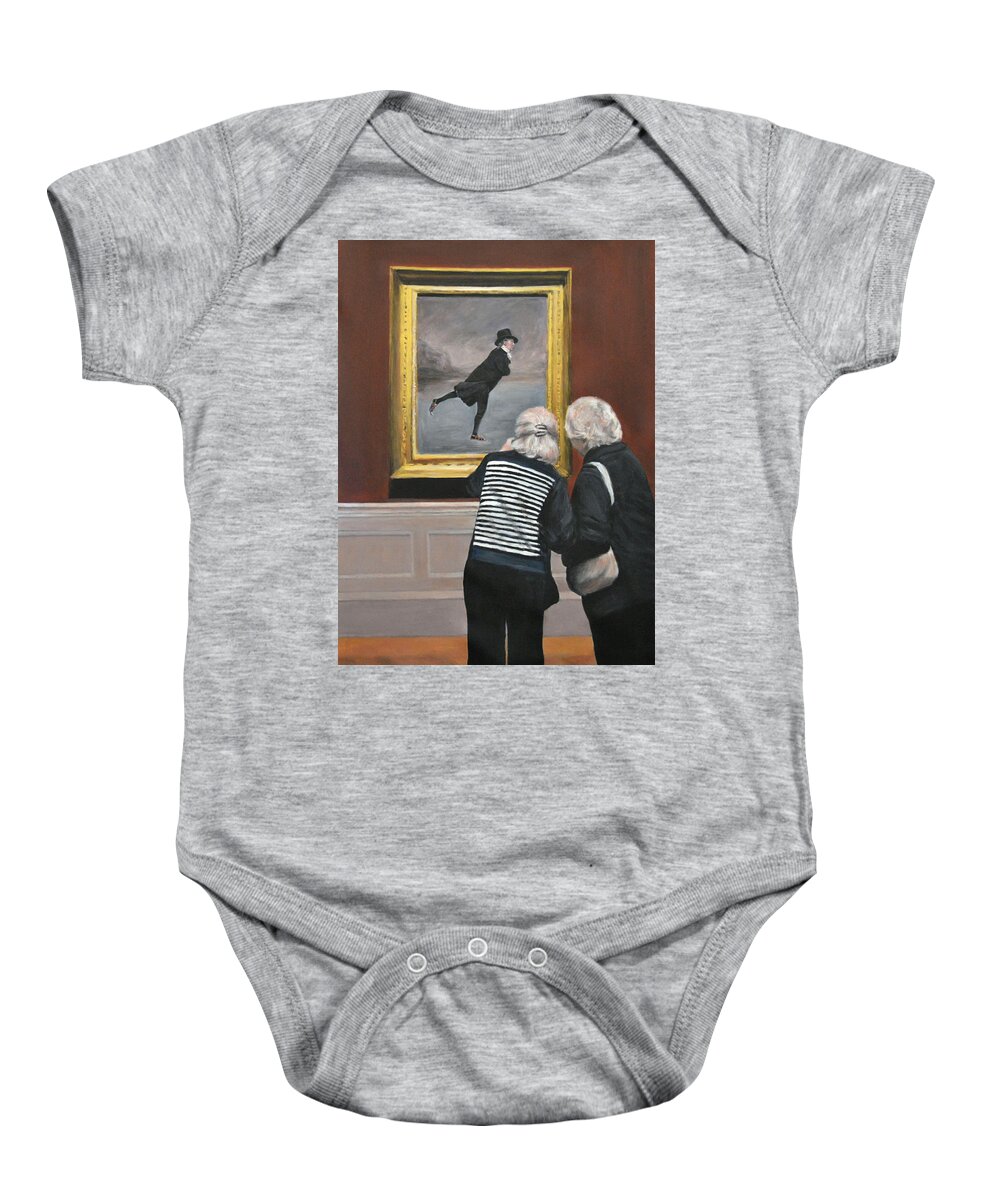 Skating Minister Baby Onesie featuring the painting Watching the skating minister by Escha Van den bogerd