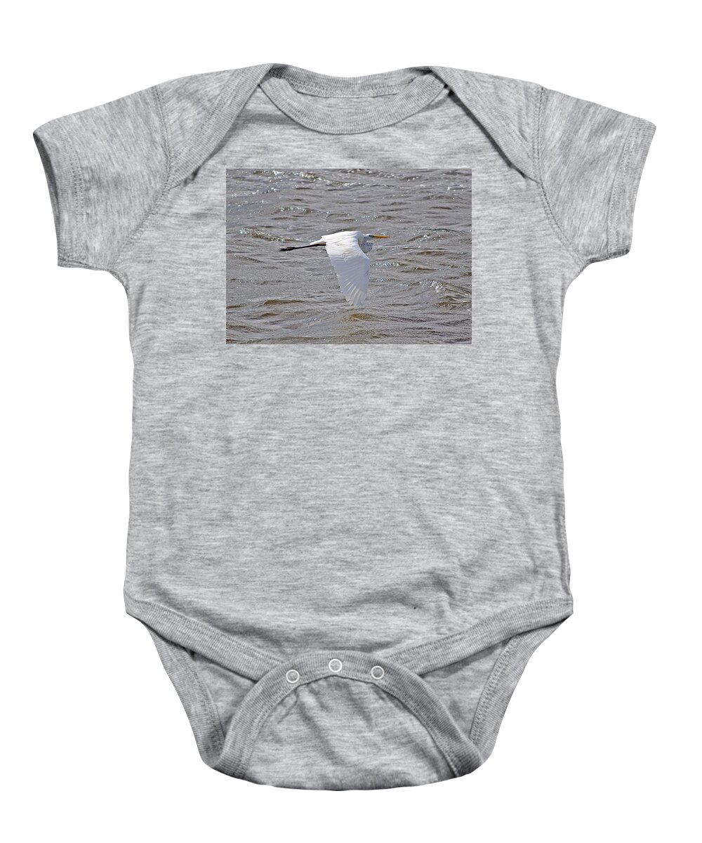 Egret Baby Onesie featuring the photograph Water Skimming by Kenneth Albin