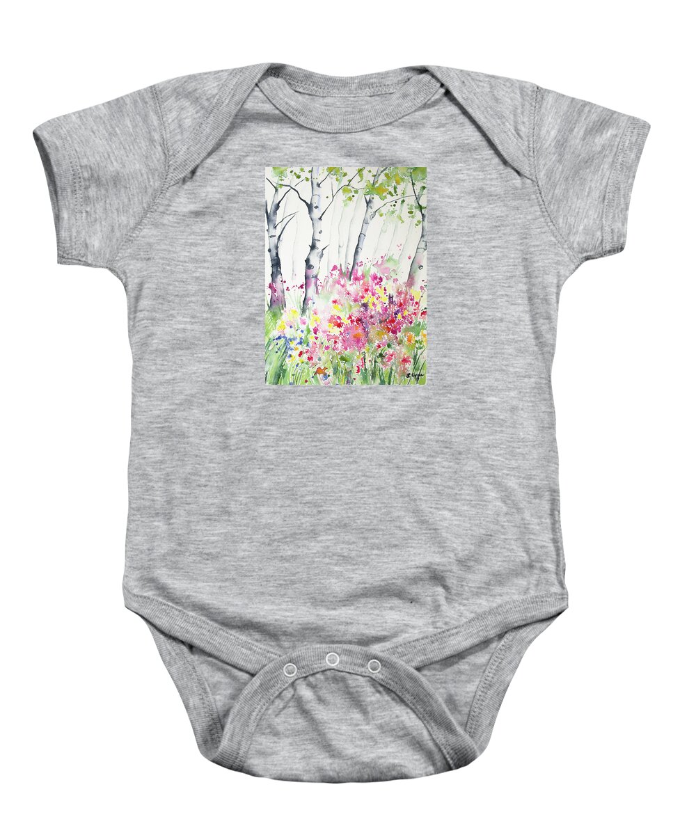 Aspen Baby Onesie featuring the painting Watercolor - Birch and Wildflowers by Cascade Colors