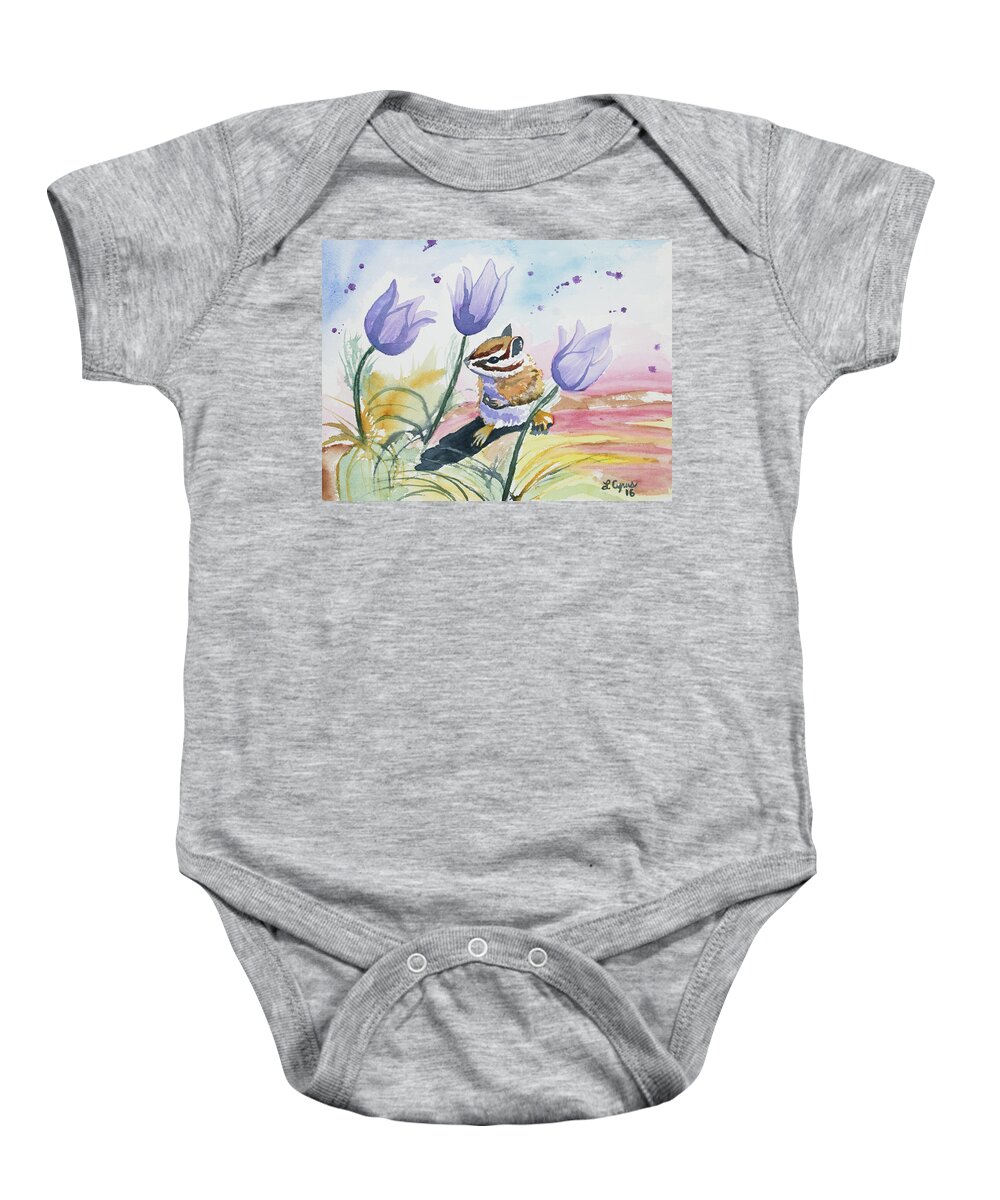 Chipmunk Baby Onesie featuring the painting Watercolor - Chipmunk with Pasque Flowers by Cascade Colors