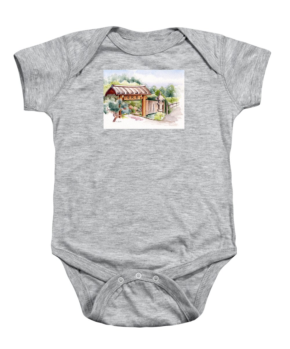 Watercolor Baby Onesie featuring the painting Watercolor Japanese Garden Gate by Karla Beatty