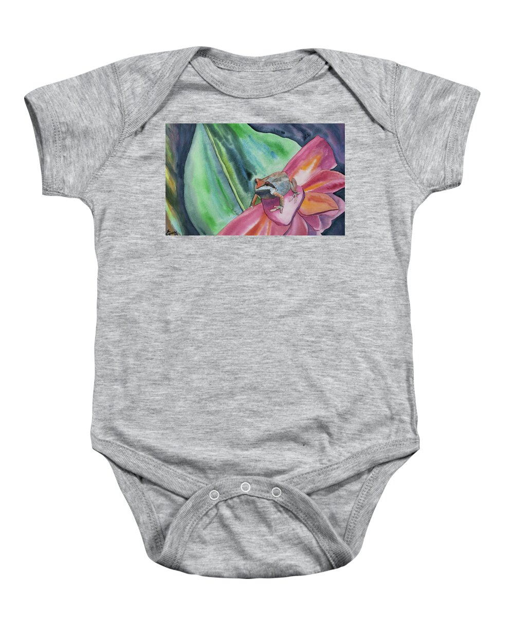 Tree Frog Baby Onesie featuring the painting Watercolor - Small Tree Frog on a Colorful Flower by Cascade Colors
