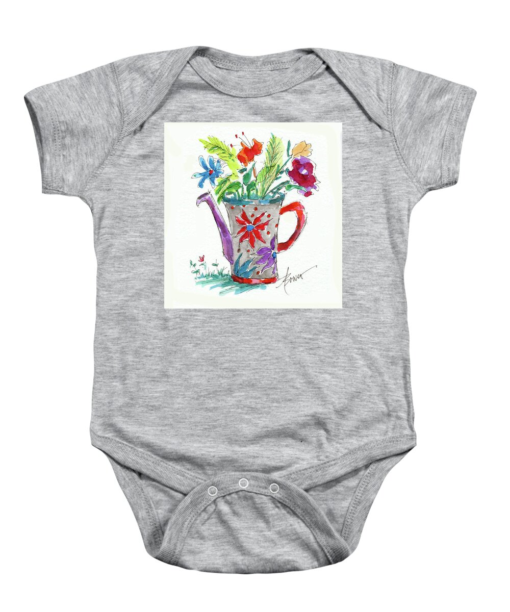Watering Can Baby Onesie featuring the painting Watering Can What? by Adele Bower