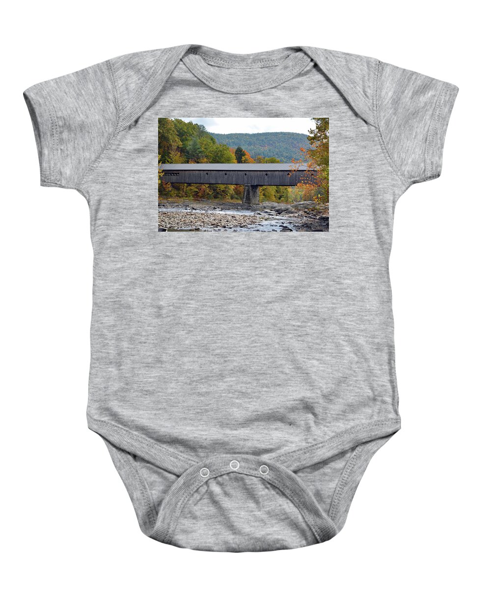 West Dummerstin Baby Onesie featuring the photograph West Dummerston Covered Bridge by Carolyn Mickulas