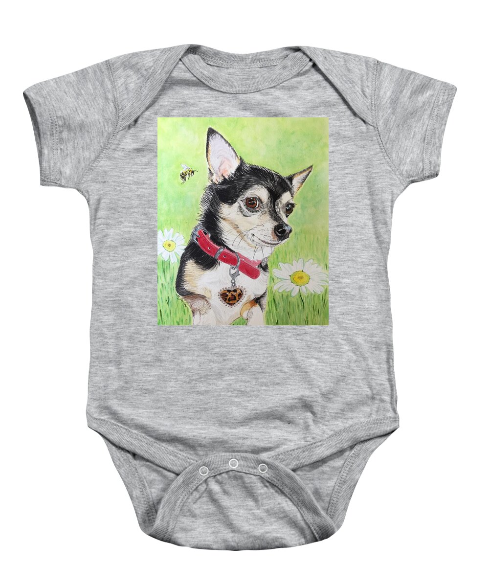 Chihuahua Baby Onesie featuring the painting What's the Buzz? by Sonja Jones