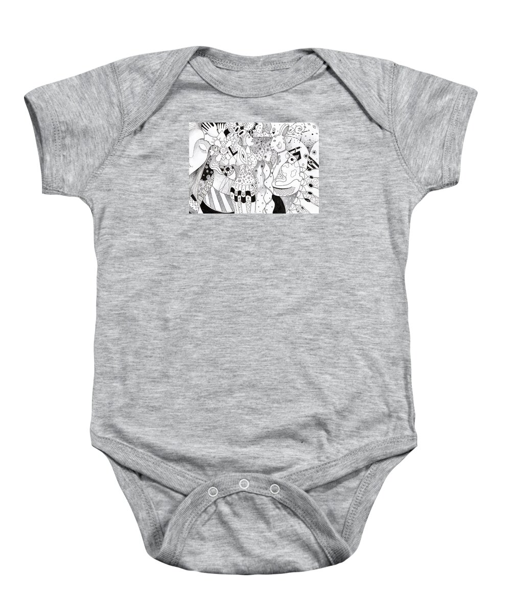 Fantasy Baby Onesie featuring the drawing When Anything Is Possible aka Imagine 1 by Helena Tiainen