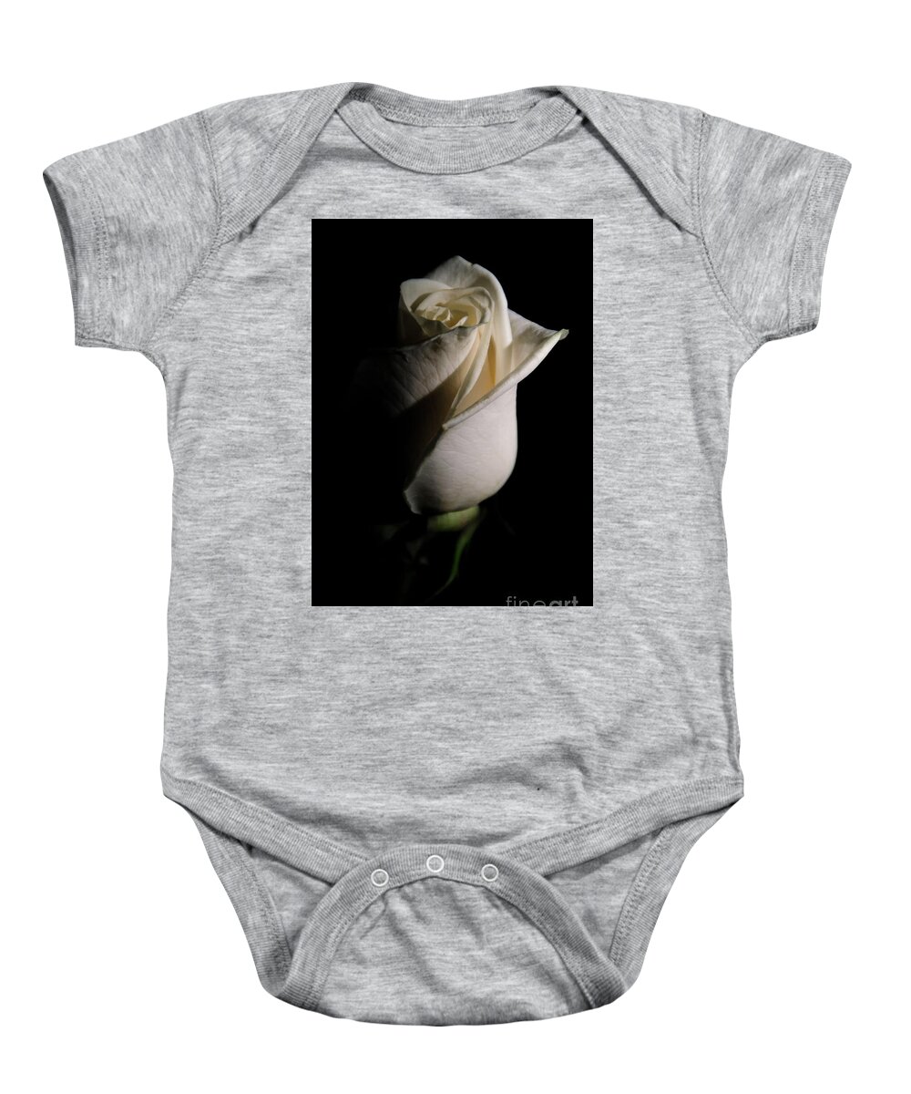 Rose Baby Onesie featuring the photograph White Rose Low Key Minimal Botanical / Nature / Floral Photograph by PIPA Fine Art - Simply Solid