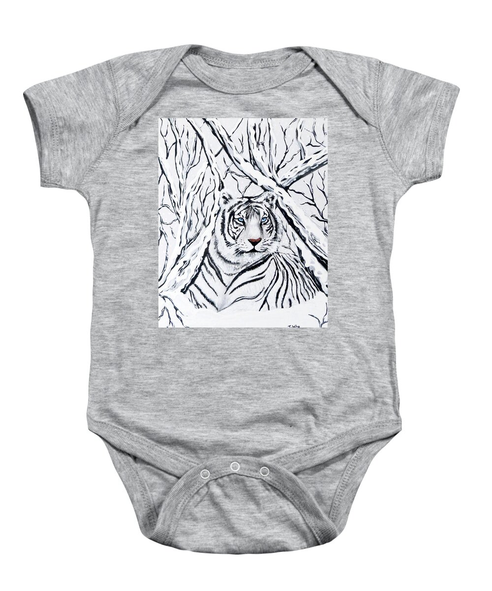 White Tiger Baby Onesie featuring the painting White tiger blending in by Teresa Wing