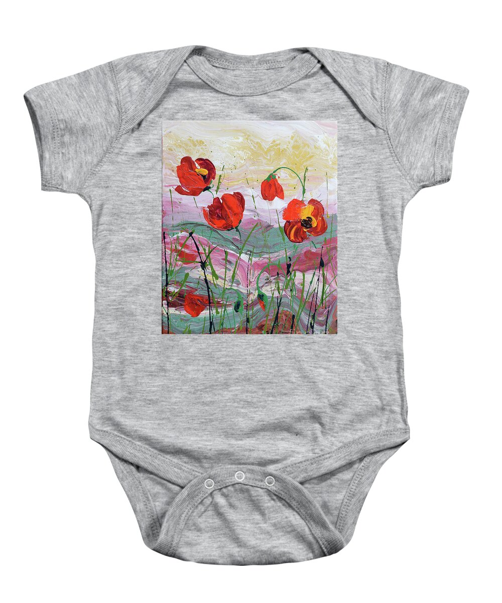 Wild Poppies - Triptych Baby Onesie featuring the painting Wild Poppies - 2 by Jyotika Shroff