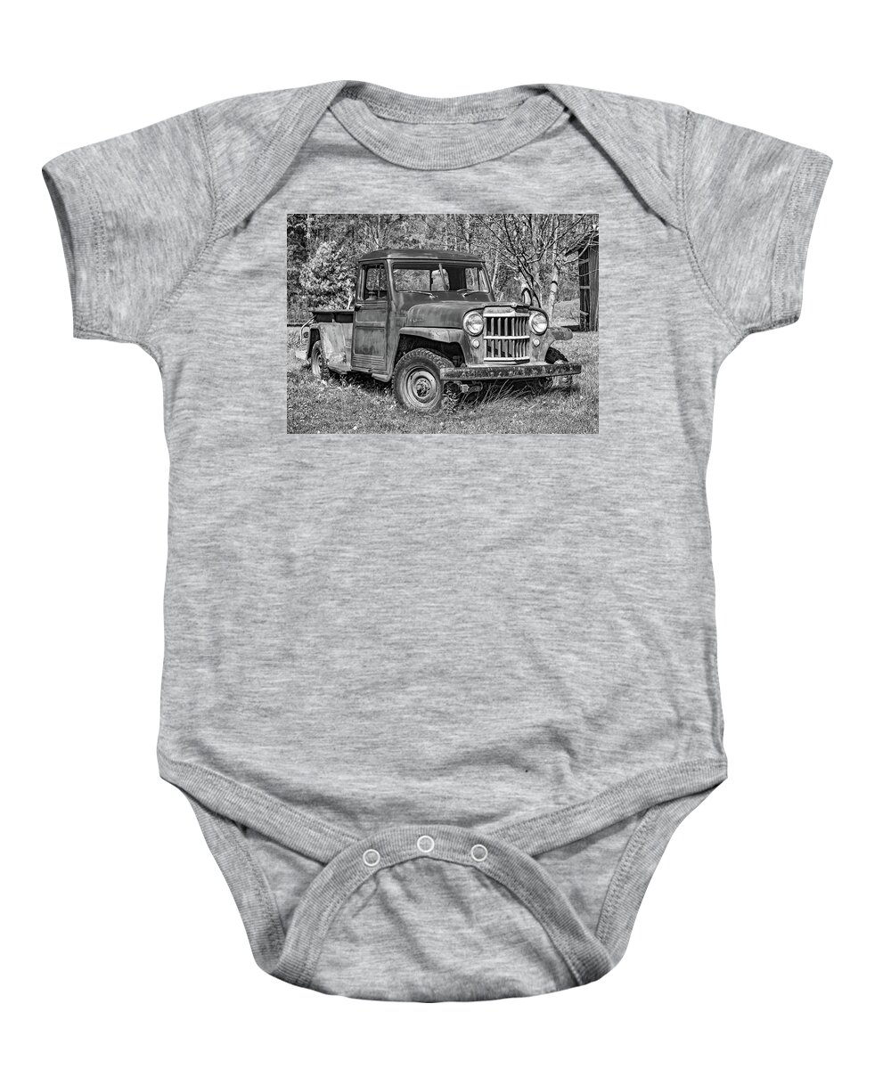 Vehicle Baby Onesie featuring the photograph Willys Jeep Pickup Truck 2 bw by Steve Harrington