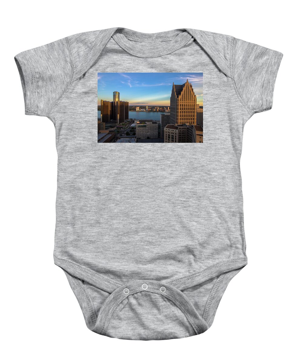 Detroit Baby Onesie featuring the photograph Windsor skyline between Detroit's skyscrapers by Jay Smith