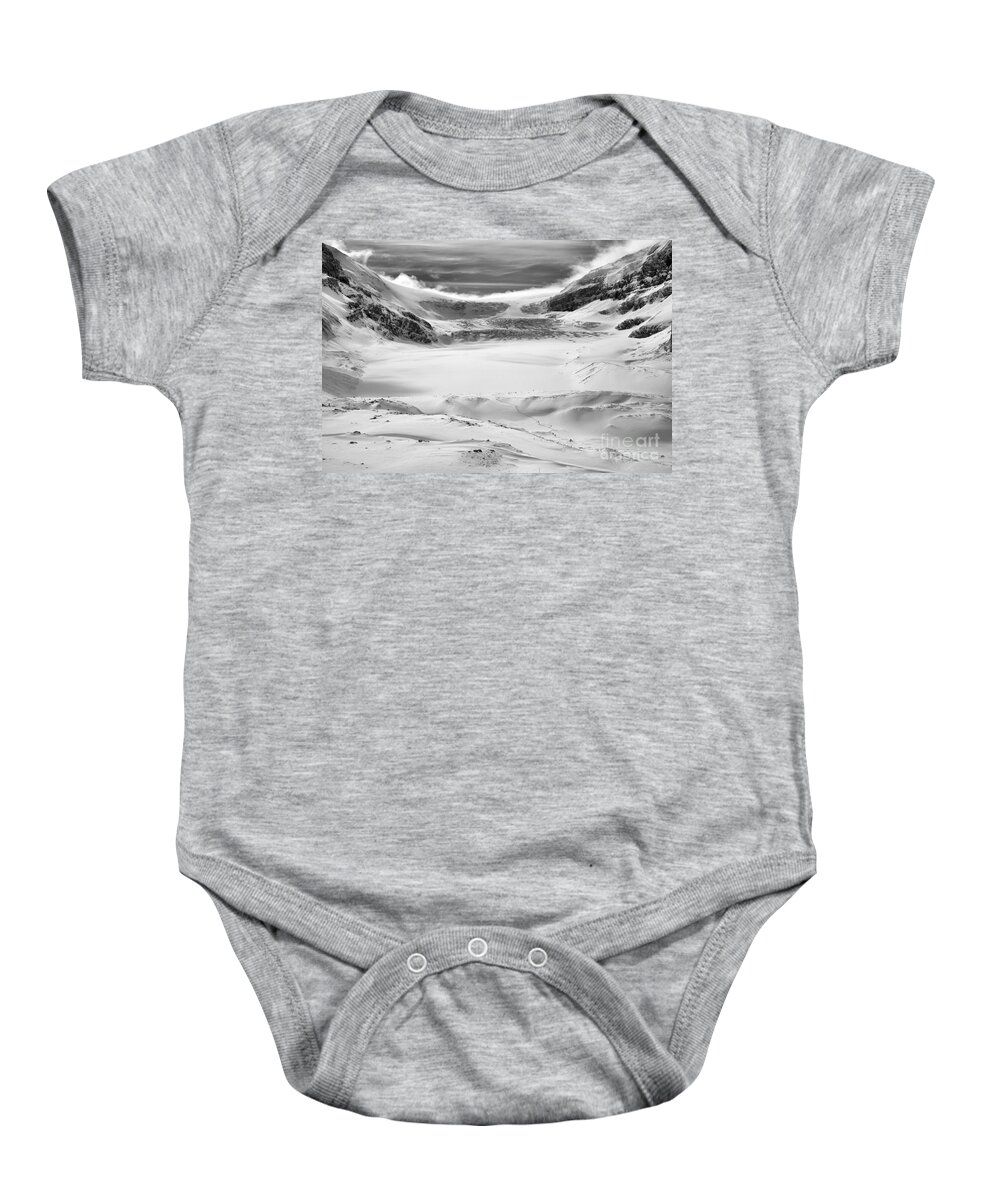 Columbia Icefield Baby Onesie featuring the photograph WInter Blues Over The Athabasca Glacier Black And White by Adam Jewell