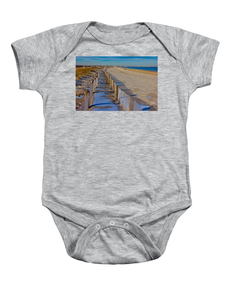 Winter Baby Onesie featuring the photograph Winter on Duxbury Beach by Amazing Jules