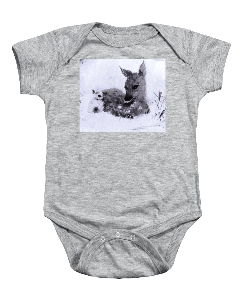 Baby Deer Baby Onesie featuring the painting Winter Surprise by Hazel Holland