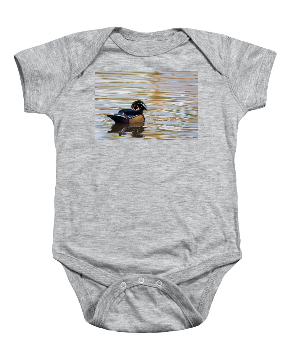 Wood Baby Onesie featuring the photograph Wood Duck on Gold and Silver by TJ Baccari