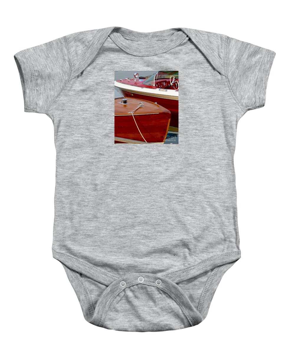 Wooden Boats Moored Baby Onesie featuring the photograph Wooden Boats Tied by Susan Garren