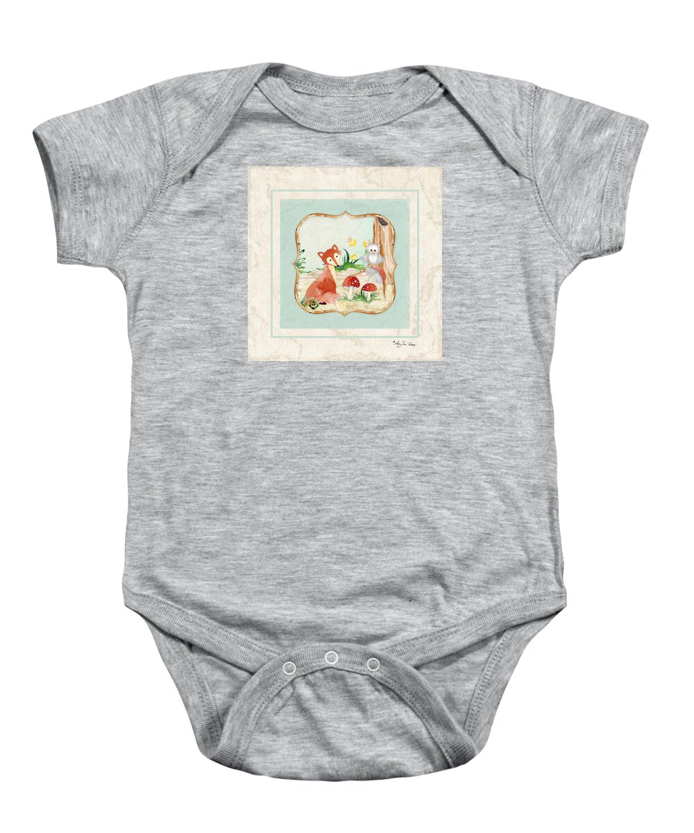 Red Fox Baby Onesie featuring the painting Woodland Fairy Tale - Fox Owl Mushroom Forest by Audrey Jeanne Roberts
