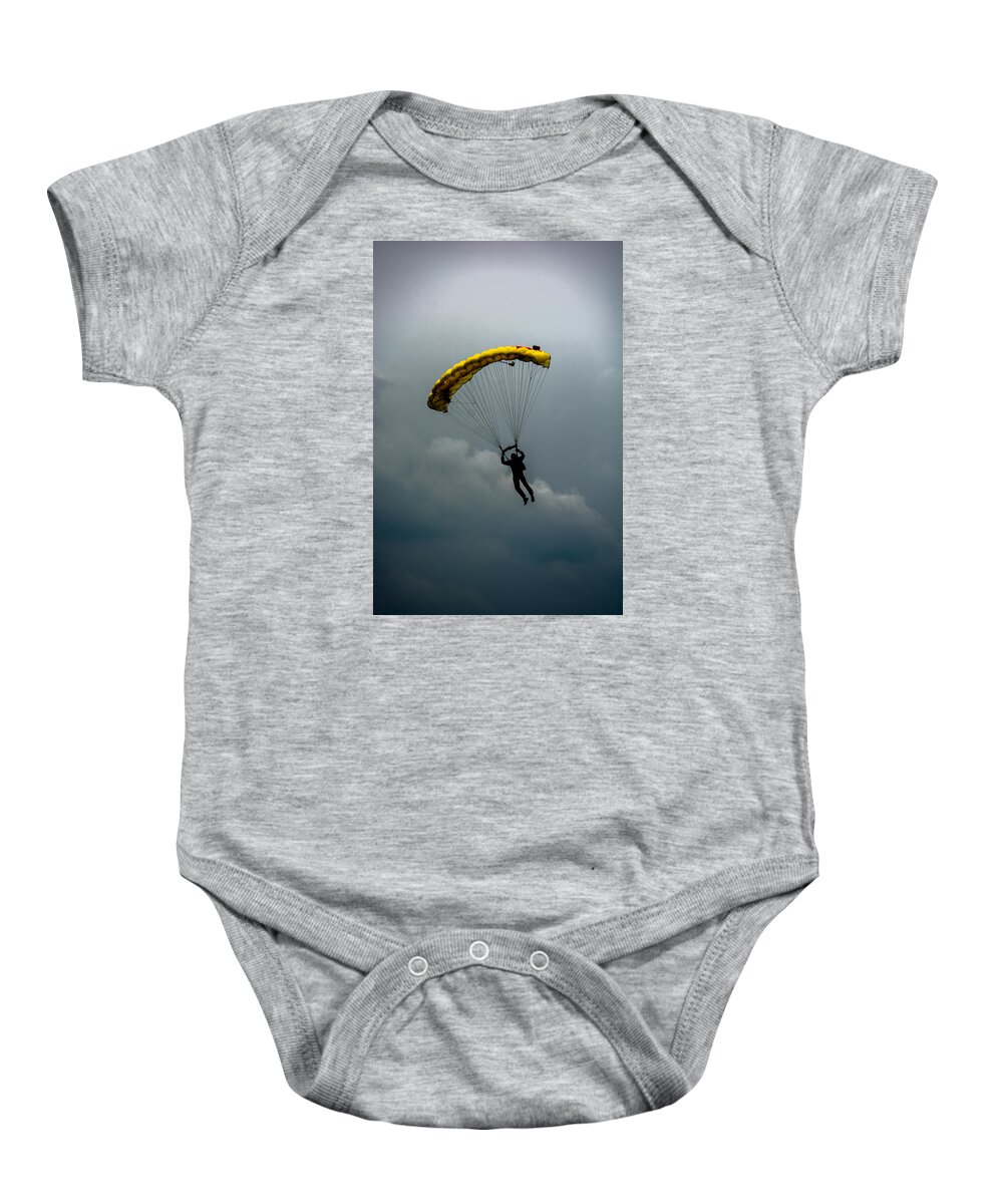 Skydiving Baby Onesie featuring the photograph Yellow Parachute Over The Clouds by Andreas Berthold