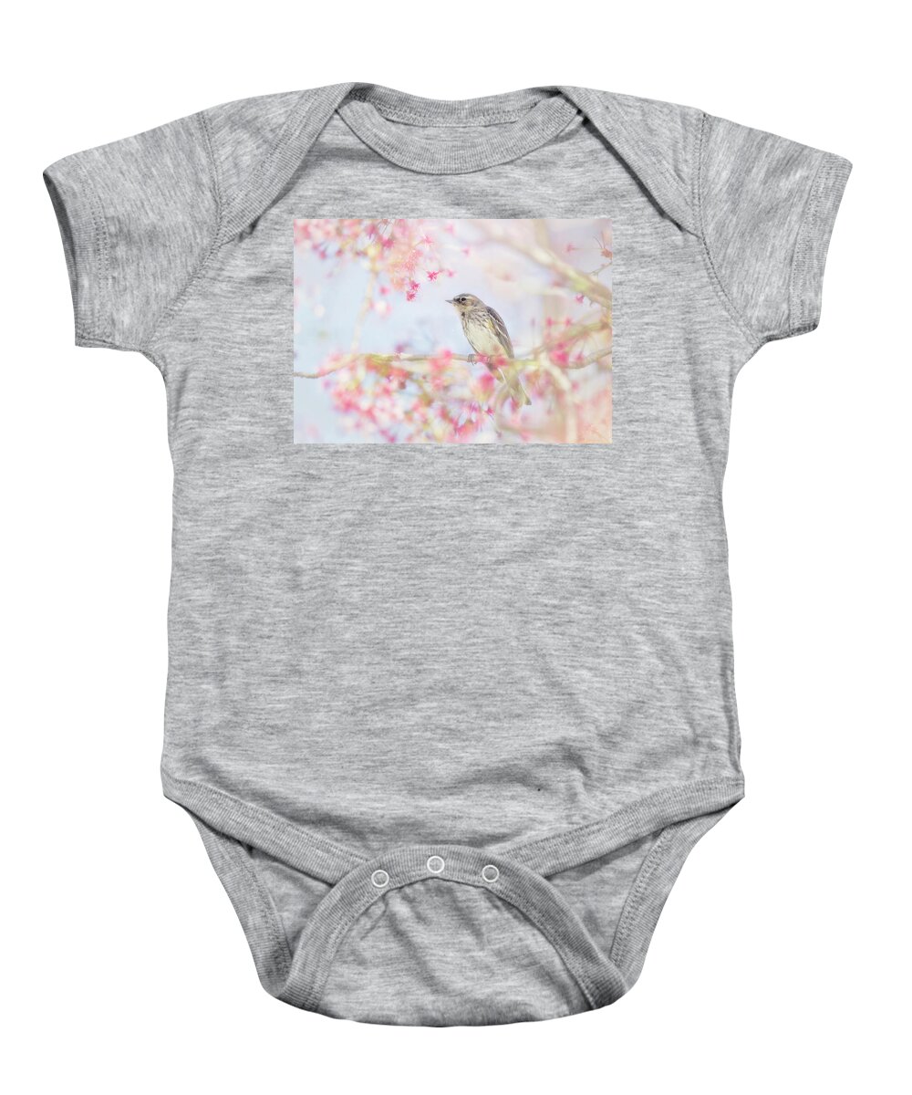 Yellow-rumped Warbler Baby Onesie featuring the photograph Yellow-Rumped Warbler in Spring Blossoms by Susan Gary
