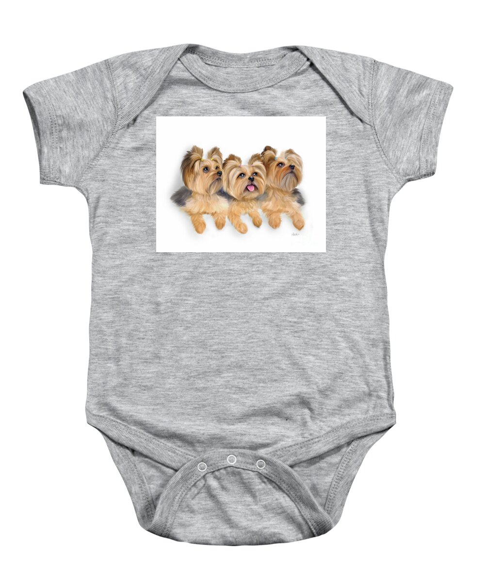 Yorkshire Terrier Baby Onesie featuring the painting Yorkie trio by Catia Lee