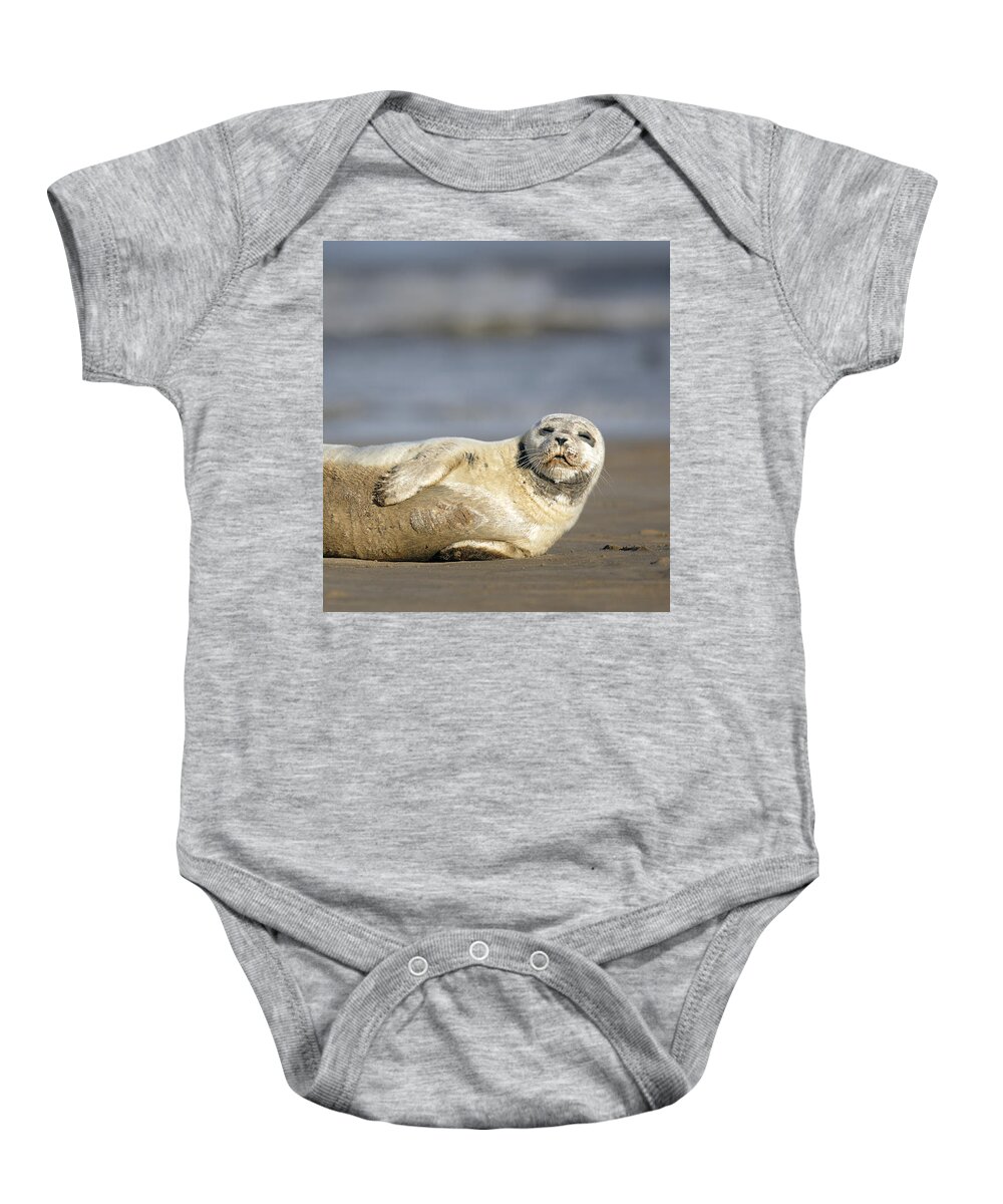 Common Seal Baby Onesie featuring the photograph Young Common Seal sleeping on the beach by Tony Mills