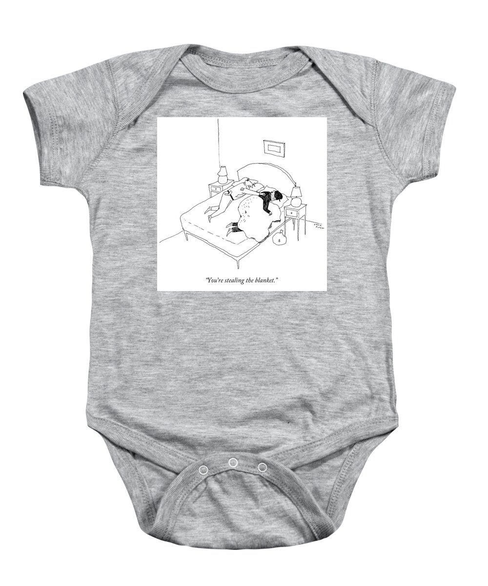 Money Bag Baby Onesie featuring the drawing You're stealing the blanket by Liana Finck