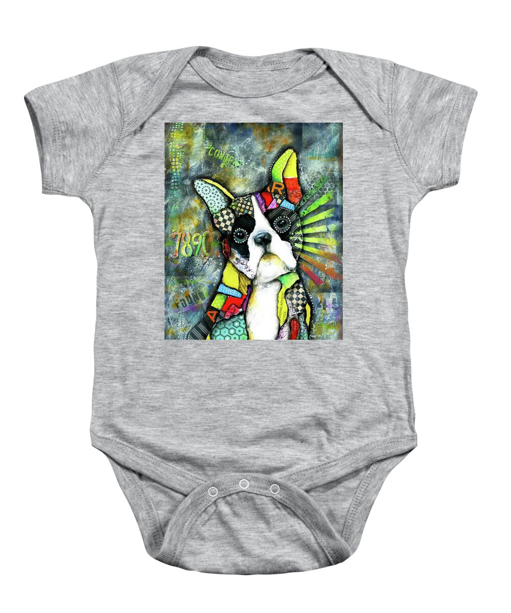 Boston Terrier Baby Onesie featuring the mixed media Boston Terrier #1 by Patricia Lintner