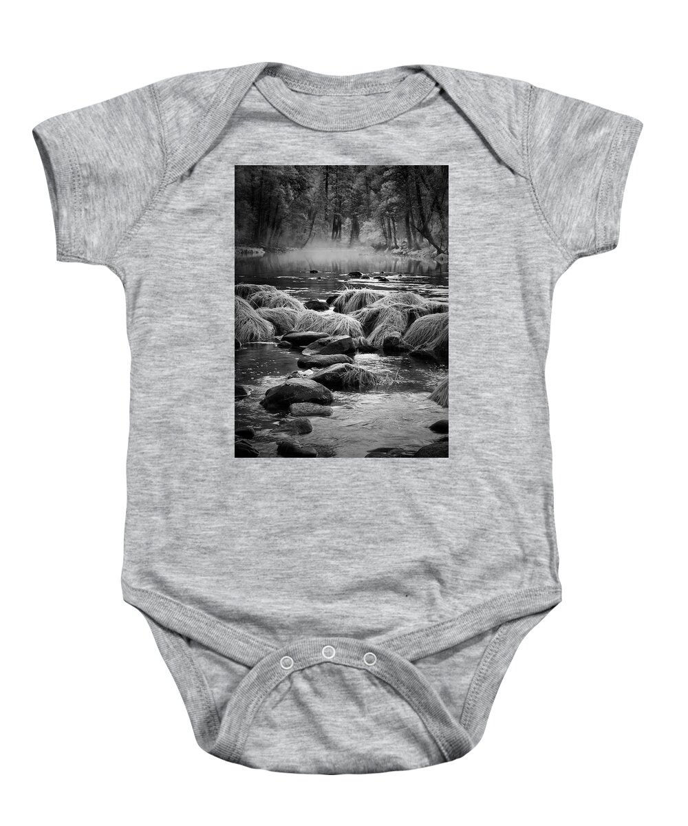 Forest Baby Onesie featuring the photograph Fog on Yosemite River by Jon Glaser