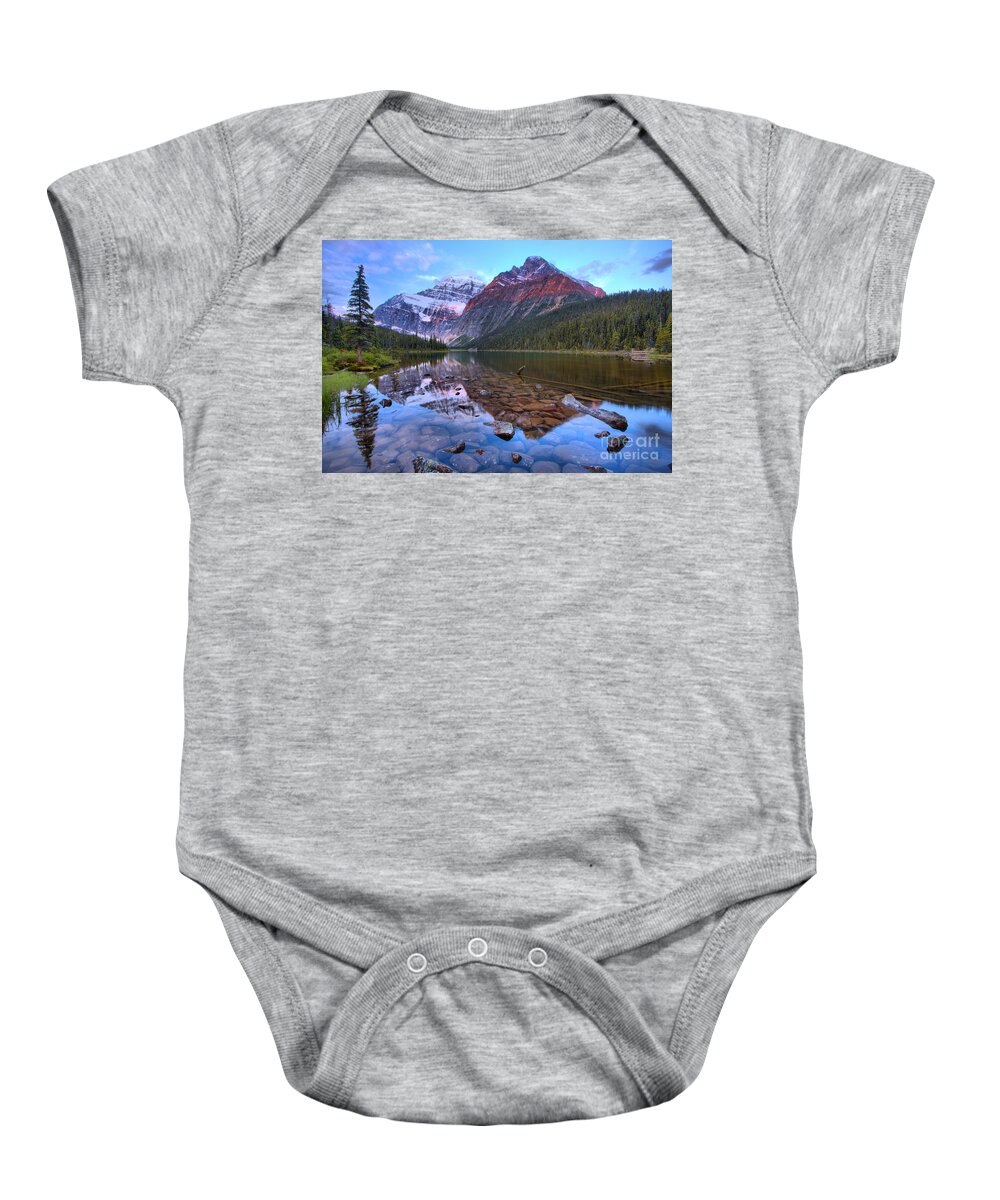 Cavell Baby Onesie featuring the photograph Mt. Edith Cavell 2019 Sunrise Reflections by Adam Jewell