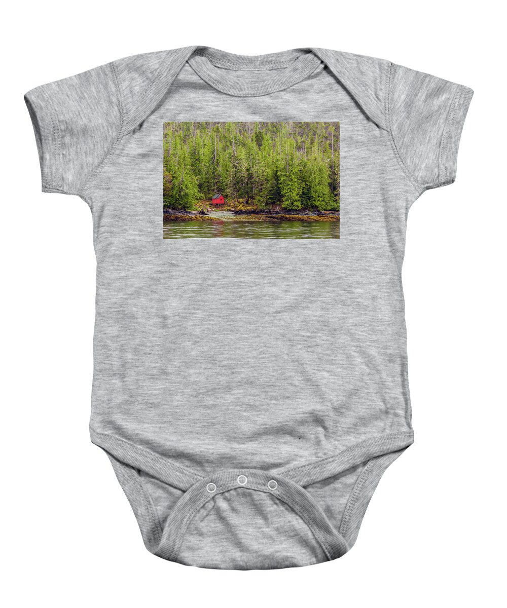 Alaska Baby Onesie featuring the photograph Red Cabin on Edge of Alaskan Waterway in Evergreen Forest #1 by Darryl Brooks