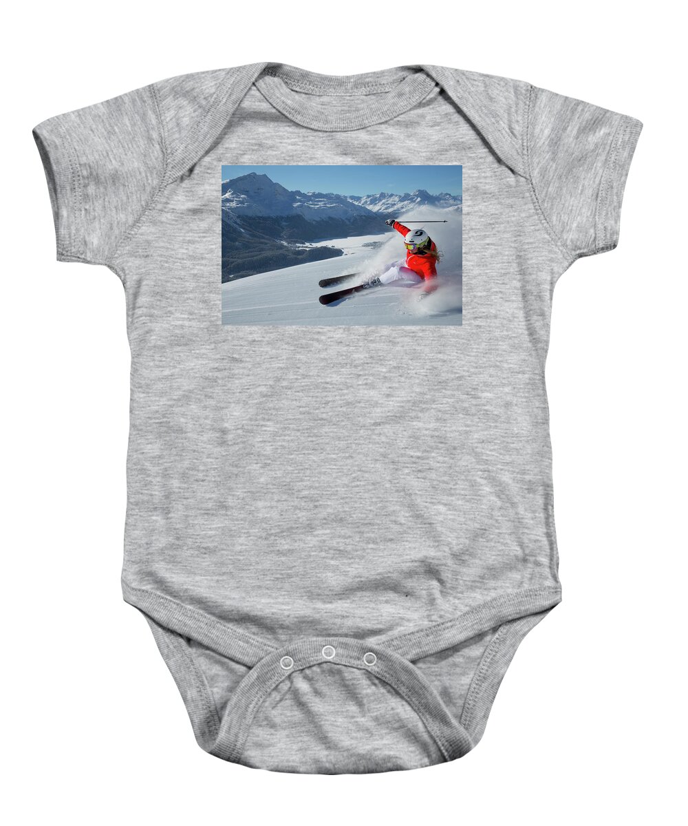 Estock Baby Onesie featuring the digital art Skier In Corviglia Area, Switzerland #1 by Christof Sonderegger