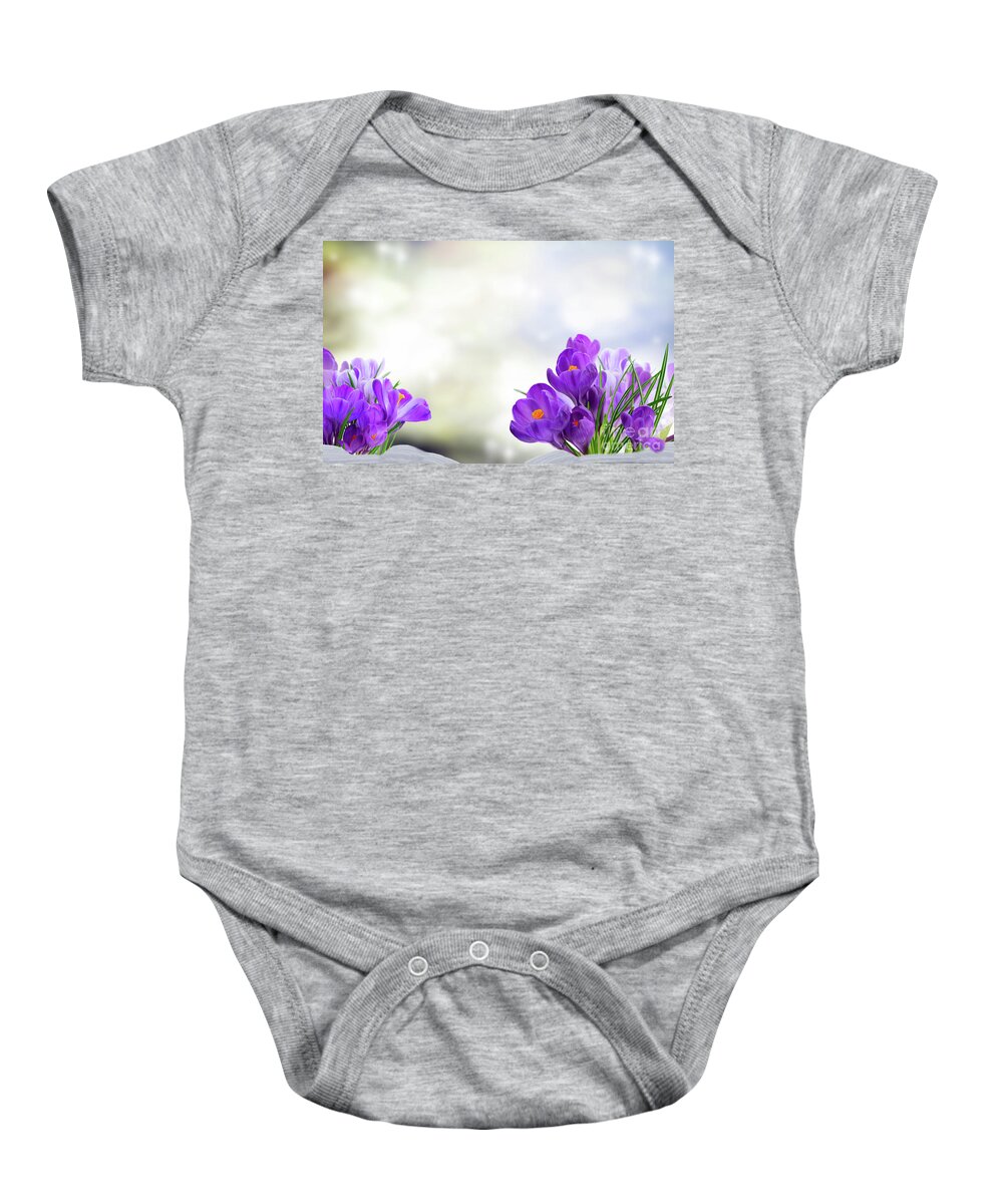 Beam Baby Onesie featuring the photograph Early Spring Crocuses by Anastasy Yarmolovich
