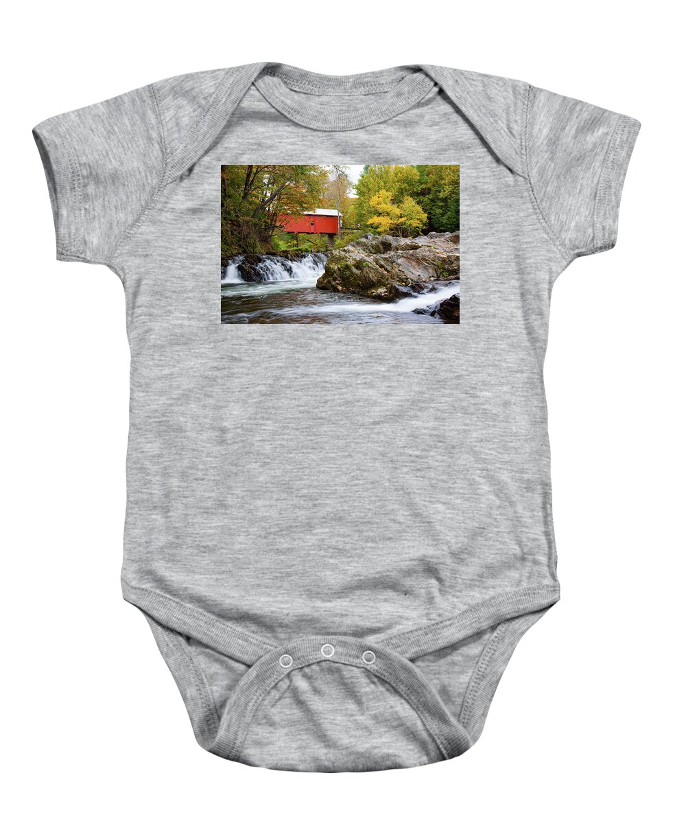 Slaughterhouse Covered Bridge Baby Onesie featuring the photograph Vermont covered bridge in autumn #1 by Jeff Folger