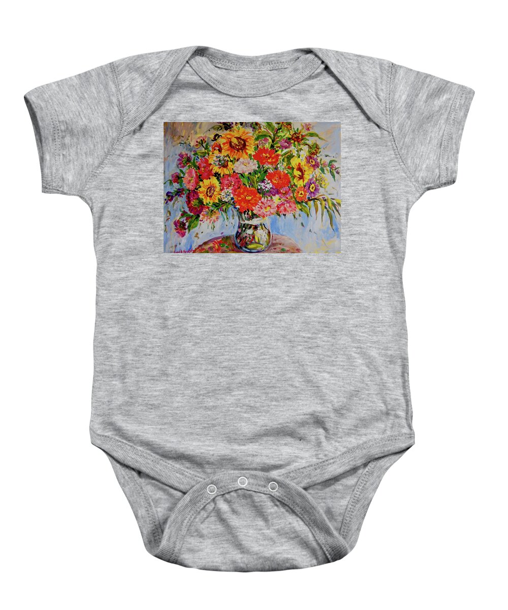 Flowers Baby Onesie featuring the painting Zinnias and Sunflowers #1 by Ingrid Dohm