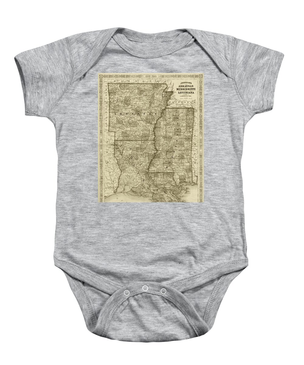 Arkansas Baby Onesie featuring the digital art 1866 Map of Arkansas Mississippi and Louisiana Historical Map Sepia by Toby McGuire