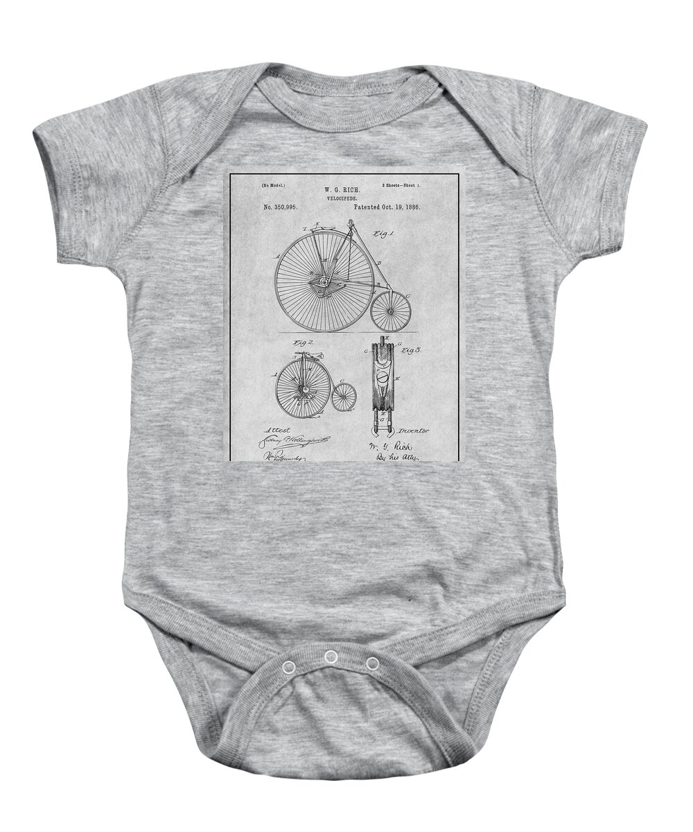 1886 W. G. Rich Velocipede Bicycle Patent Print Baby Onesie featuring the drawing 1886 W. G. Rich Velocipede Bicycle Gray Patent Print by Greg Edwards