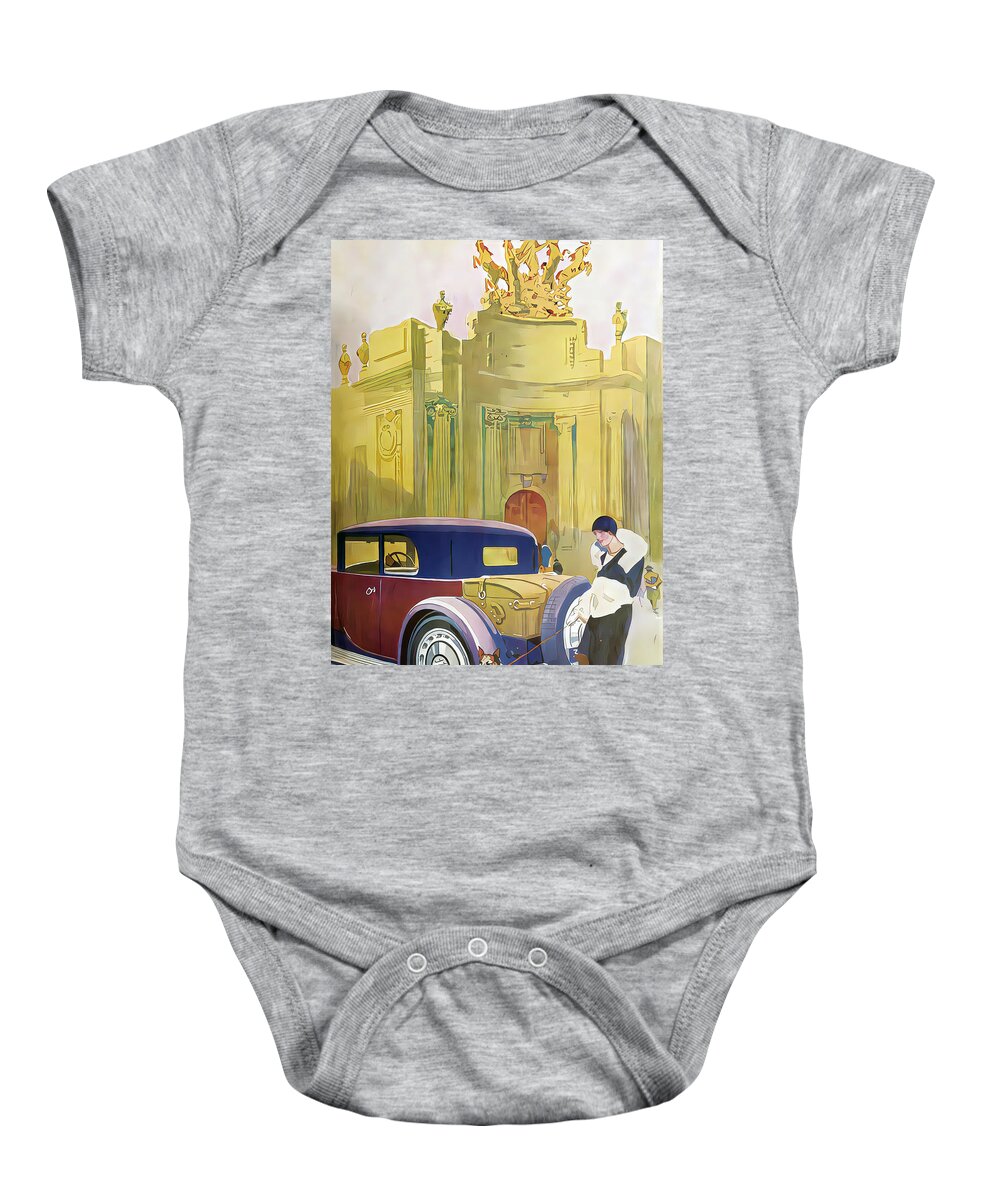 Vintage Baby Onesie featuring the mixed media 1929 Bugatti T40 With Woman And Dog Original French Art Deco Illustration by Retrographs