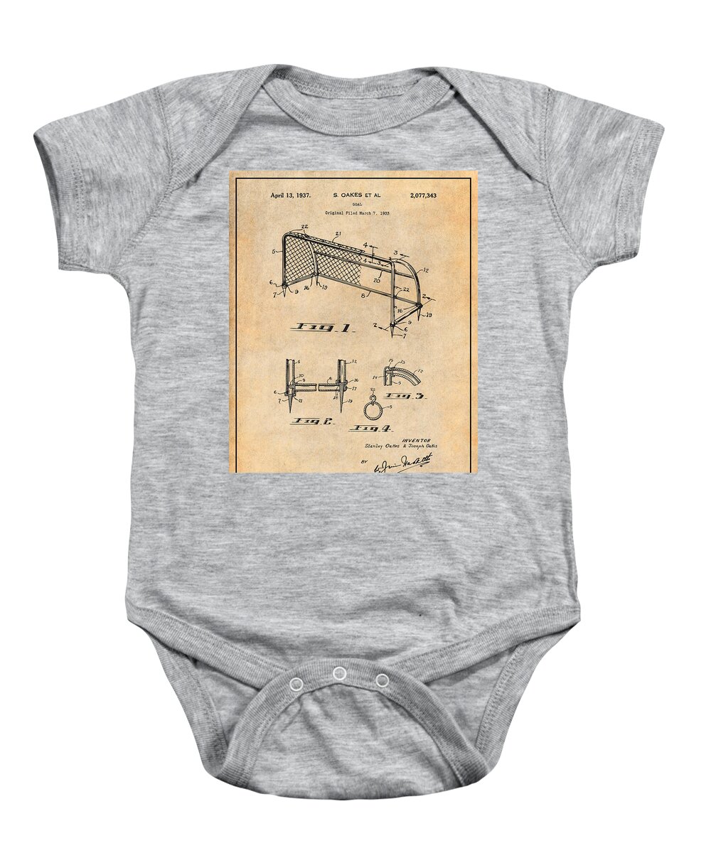 1933 Soccer Goal Patent Print Baby Onesie featuring the drawing 1933 Soccer Goal Antique Paper Patent Print by Greg Edwards