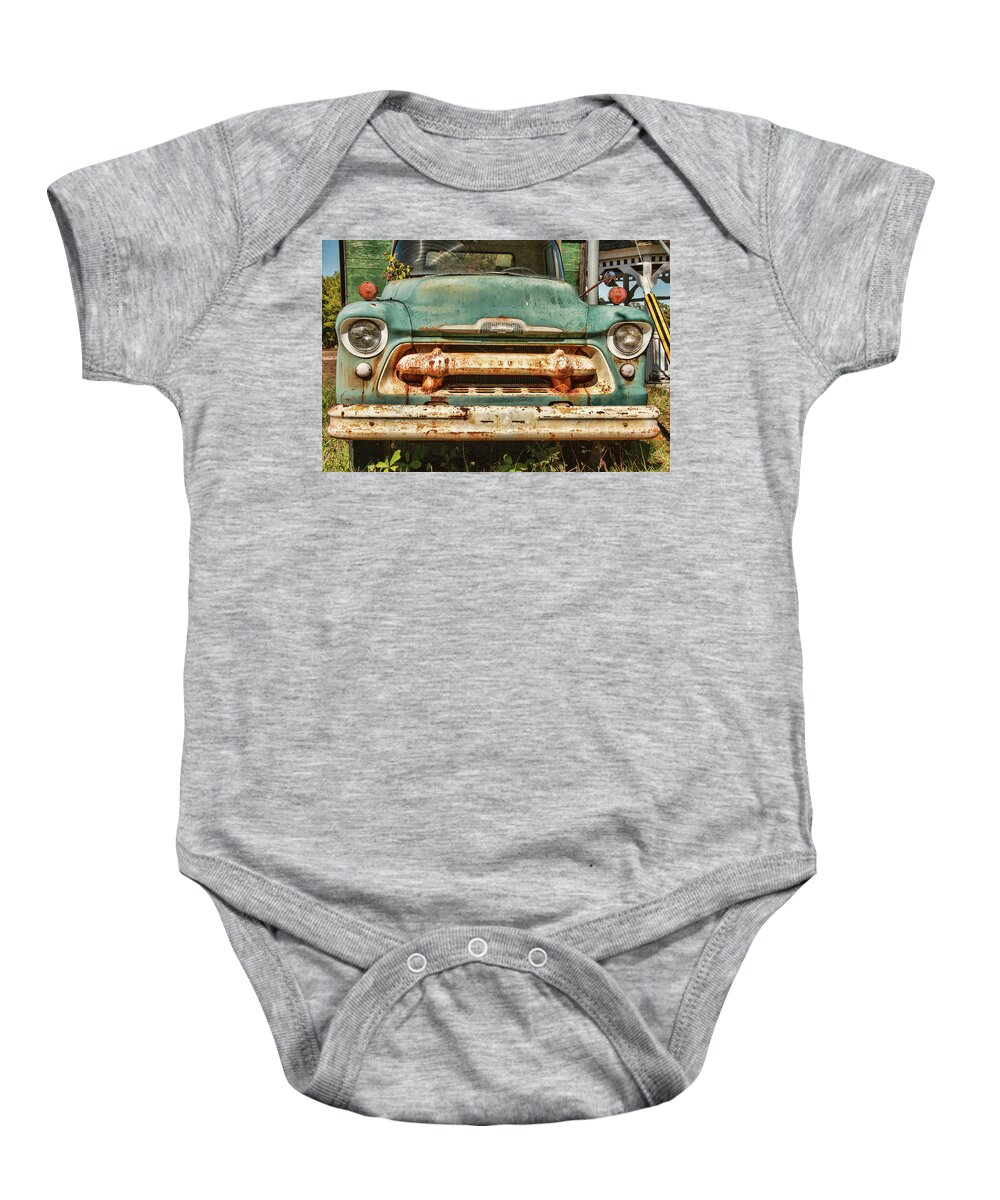 Chevrolet Baby Onesie featuring the photograph 1956 Junkyard Chevy 6500 Front by Kristia Adams